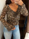 Brown Sheer Floral Blouse Smocked Waist Tie Neck Shirt Size M