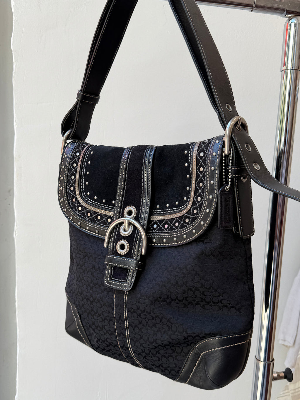 Coach Soho Black Signature C Patchwork w/Rivets Shoulder Bag