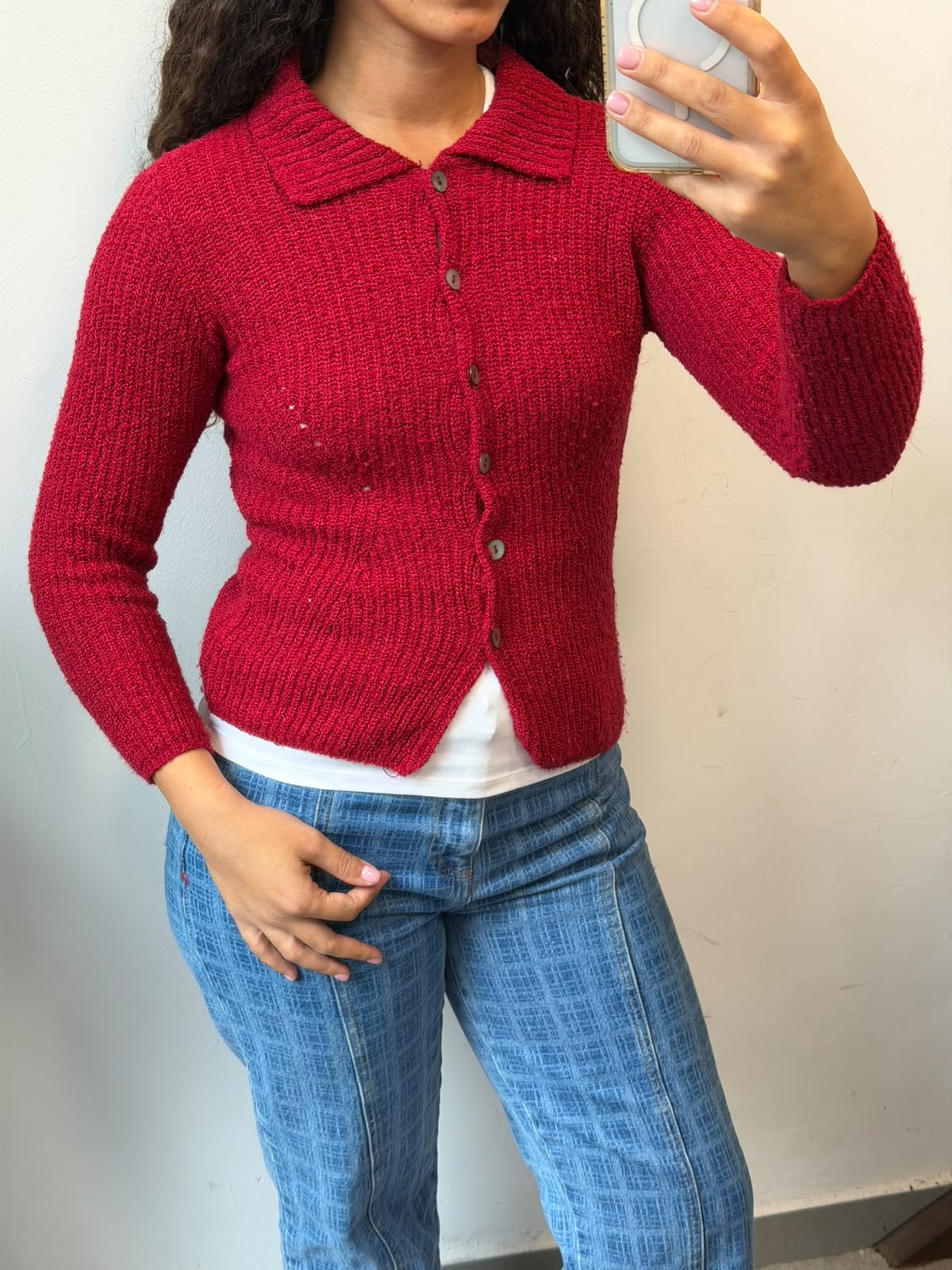 Red Knit Cardigan Button Up Collared Sweater Size Xs-S