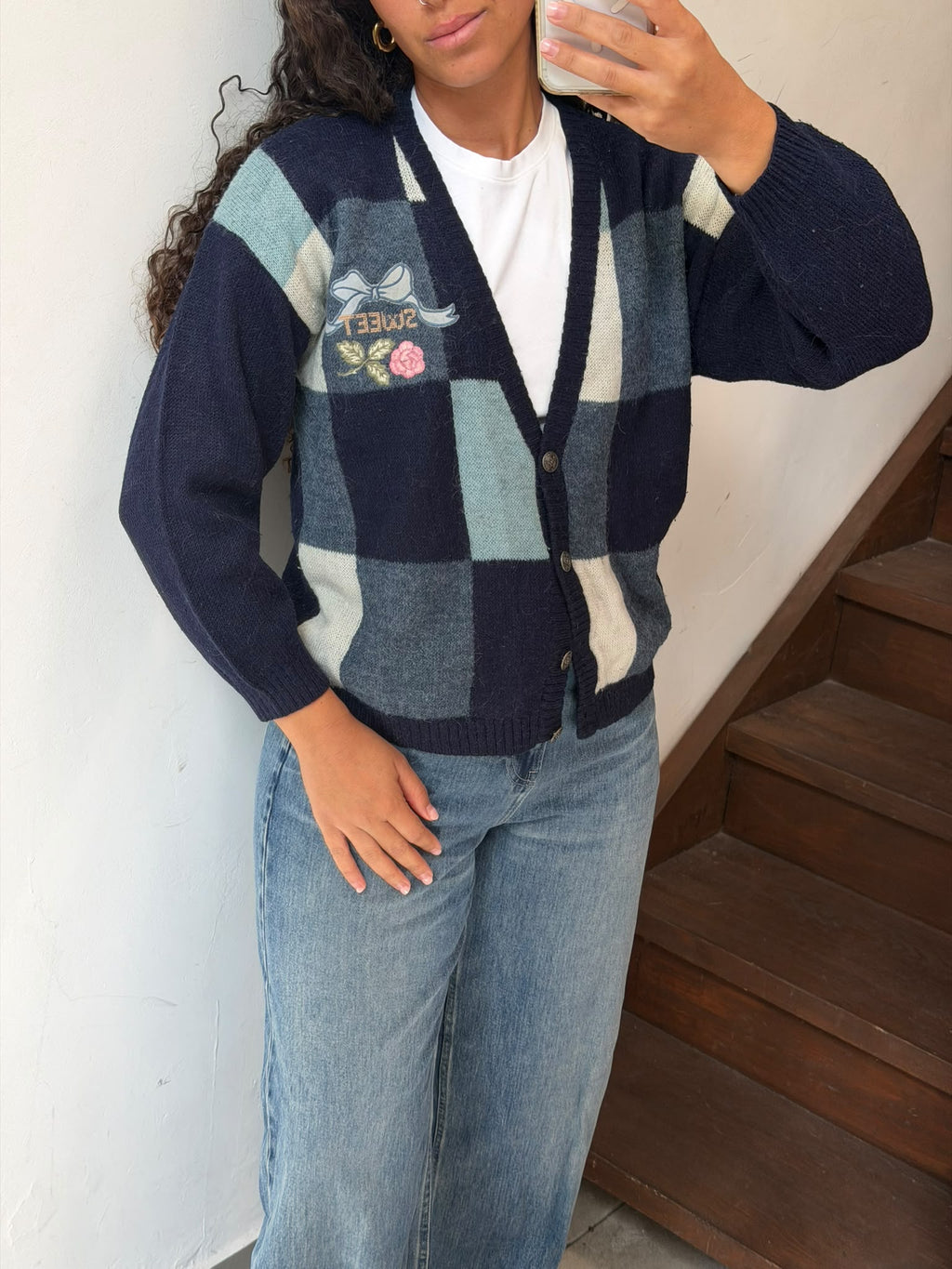 Plaid Button-Down Knit Cardigan Size L