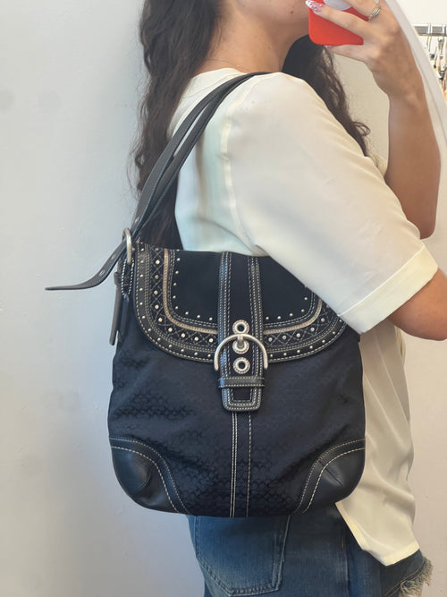 Coach Soho Black Signature C Patchwork w/Rivets Shoulder Bag